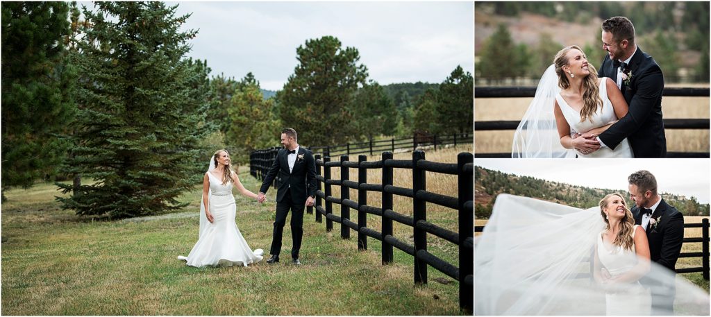 Bride and groom walk near a fence on their wedding day at a Colorado Ranch.