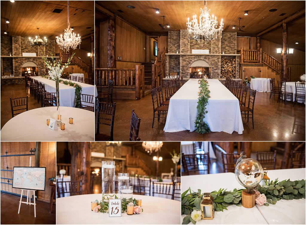 Spruce Mountain Ranch decorated for a wedding reception with a large head table.