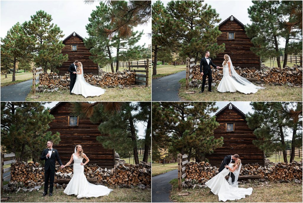 Josh and Lacy share a moment after their wedding ceremony beside a rustic cabin at a ranch in Colorado.