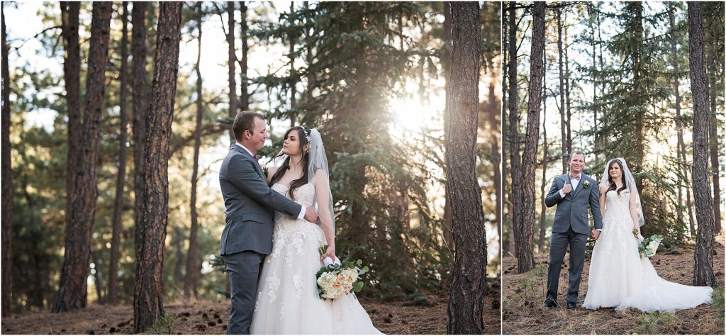 Colorado couple gets married in a forest as the sun is setting