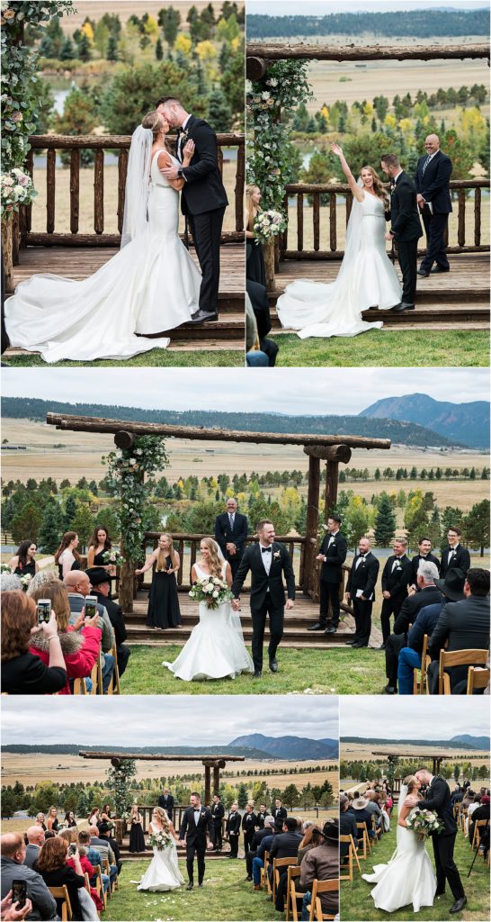 Lacy and Josh kiss at the end of their ceremony in a field at Spruce Mountain Ranch and then celebrate as they walk down the aisle.