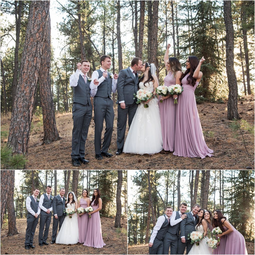 Ryan and Amanda are surrounded by their wedding party in Black Forest, Colorado