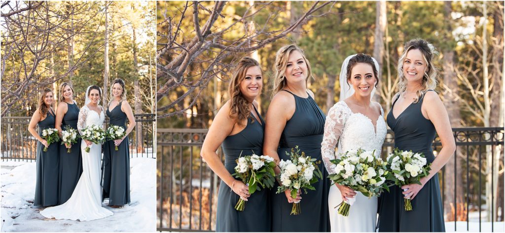 Bride and her bridesmaids wearing dark gray at her winter wedding in Black Forest, Colorado