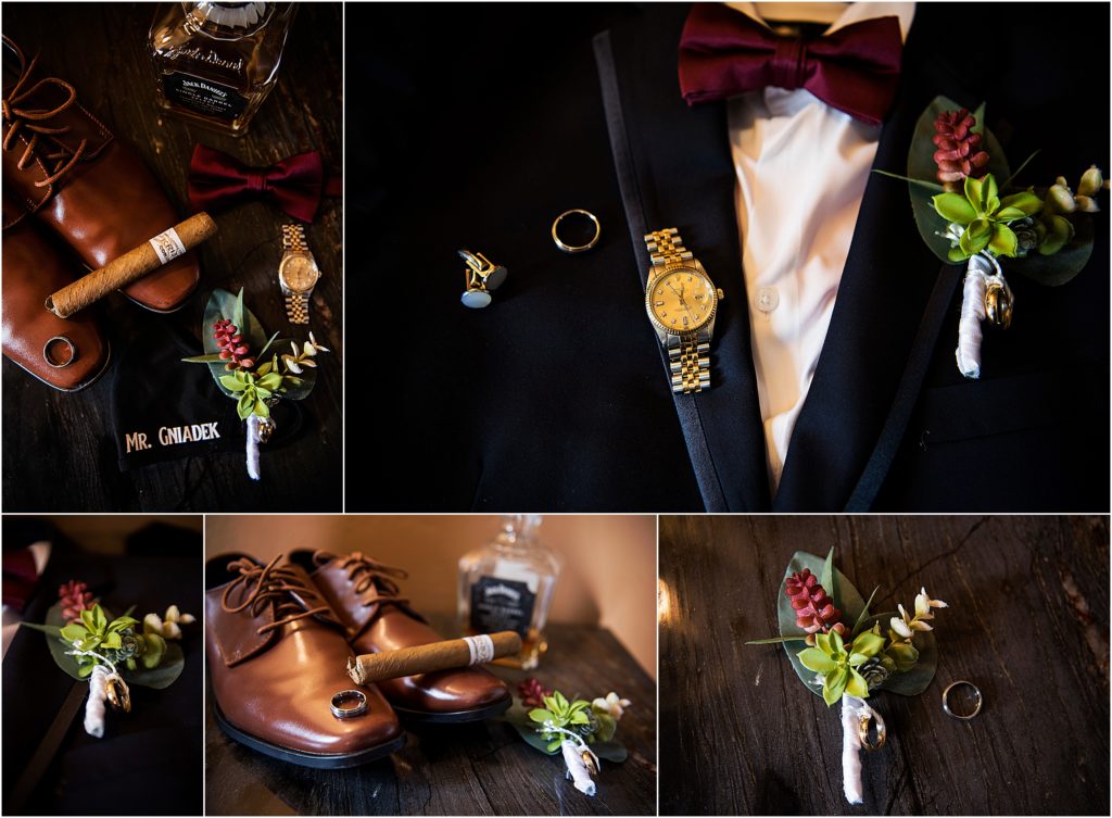 Groom details including succulent boutonniere, cigar, whiskey, and wedding attire.