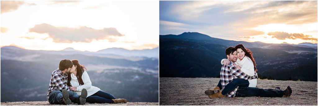 Wes and Ashlee sit on a mountain top as the sun sets