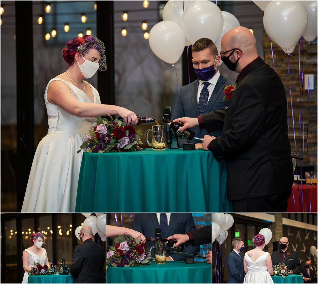 Bride and groom mix beers as a symbol of their unity at their wedding ceremony.