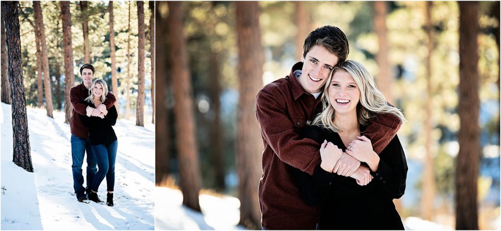 The sunlight looks magical as it is filtered by trees in this winter engagement session
