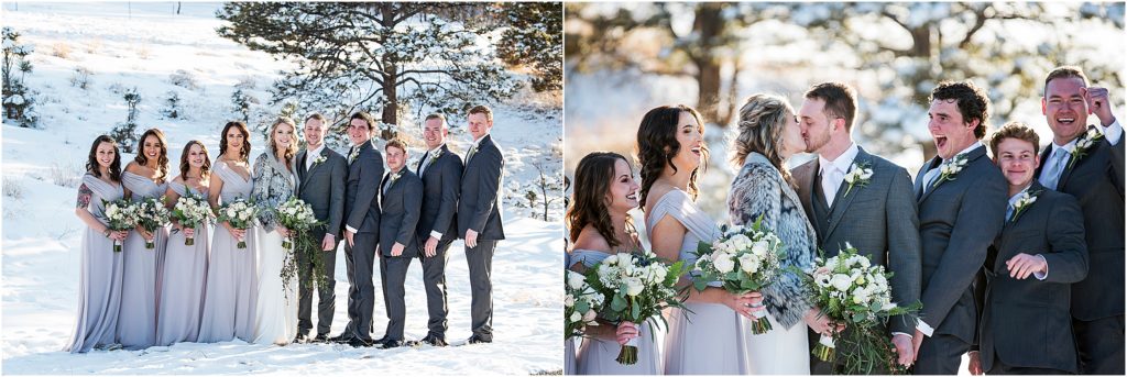 Andy and Alie with their bridal party on a winter day in snow.