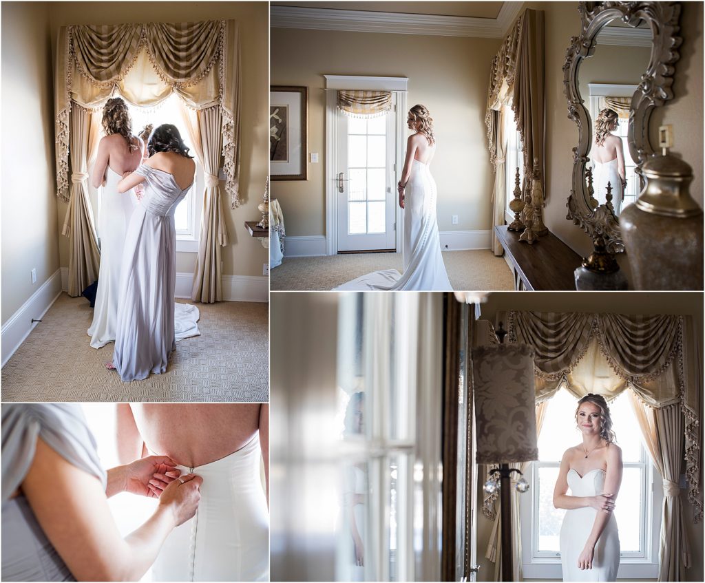 Bride getting dressed in elegant bridal suite at a ranch house in colorado.