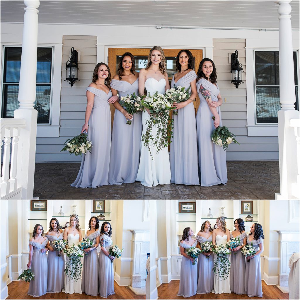 Alie and her bridesmaids with white bouquets and lavender dresses
