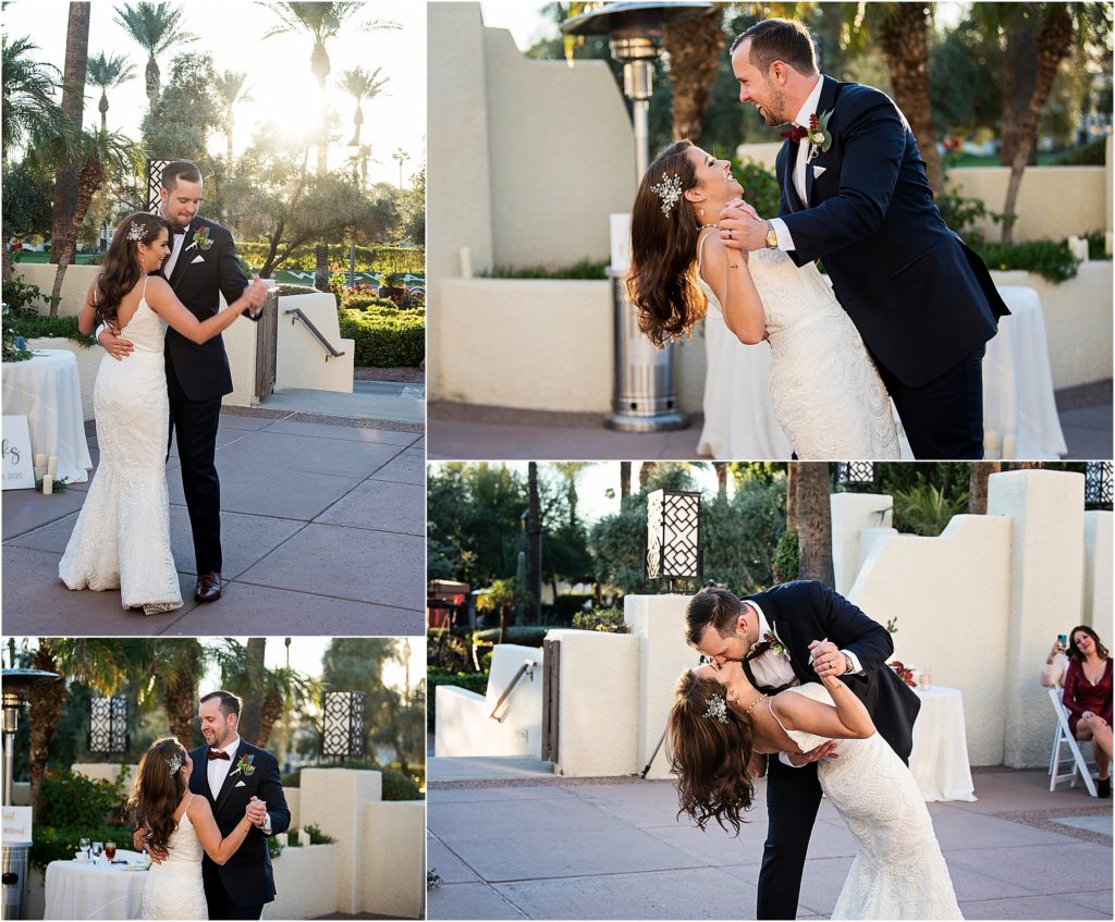 Bride and groom have their first dance at the Wigwam Resort in Phoenix Arizona after their wedding got cancelled due to Covid.