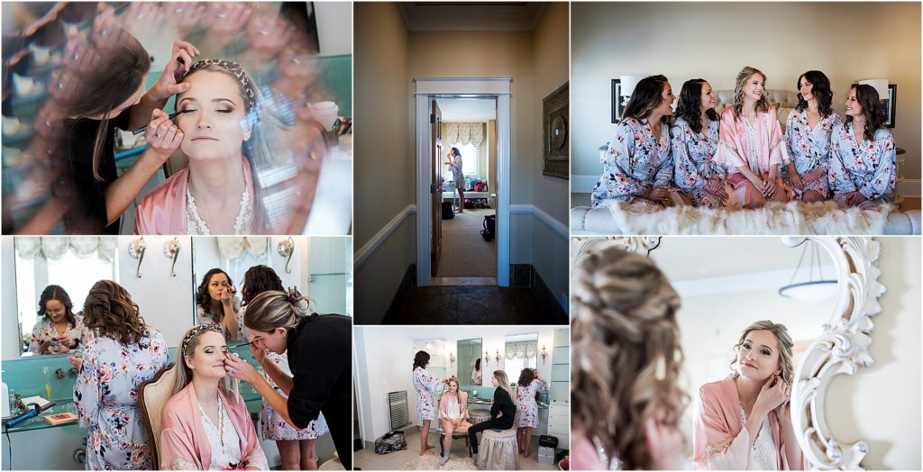 Bride getting ready with her bridesmaids on her wedding day.
