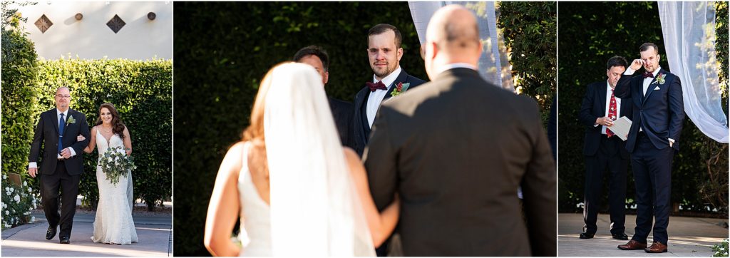Bride walks up the aisle towards an emotional groom