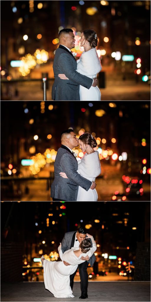 Bride and Groom embrace at night in the city.