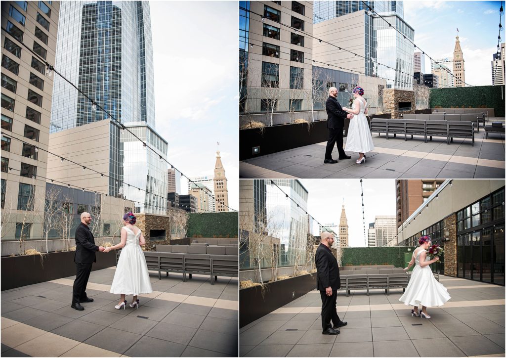 Bride and groom have their first look on a rooftop patio in Denver.