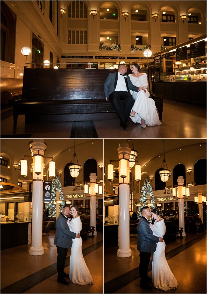 Bride and groom take indoor photos at Union Station in downtown Denver at Christmas time.