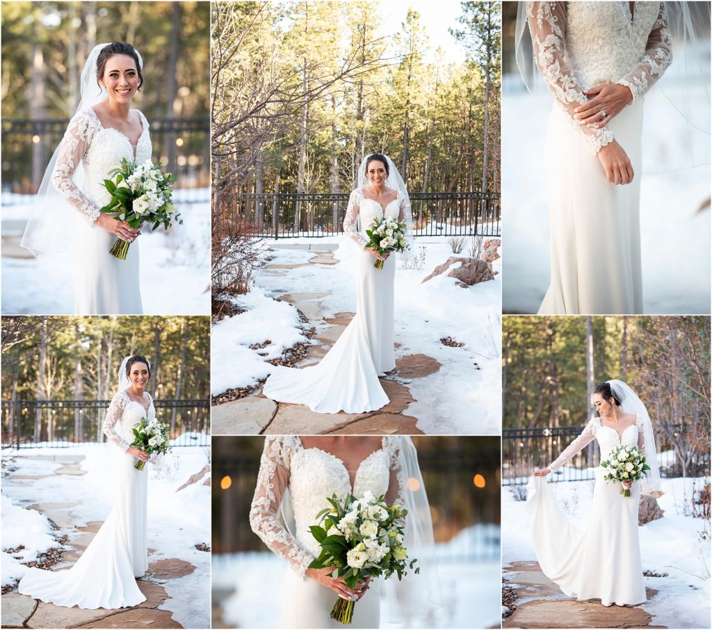 Winter bride in long sleeve lace dress and white flowers in her bouquet