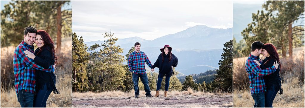 outside of woodland park colorado, couple embraces and enjoys each others company with mountain views.