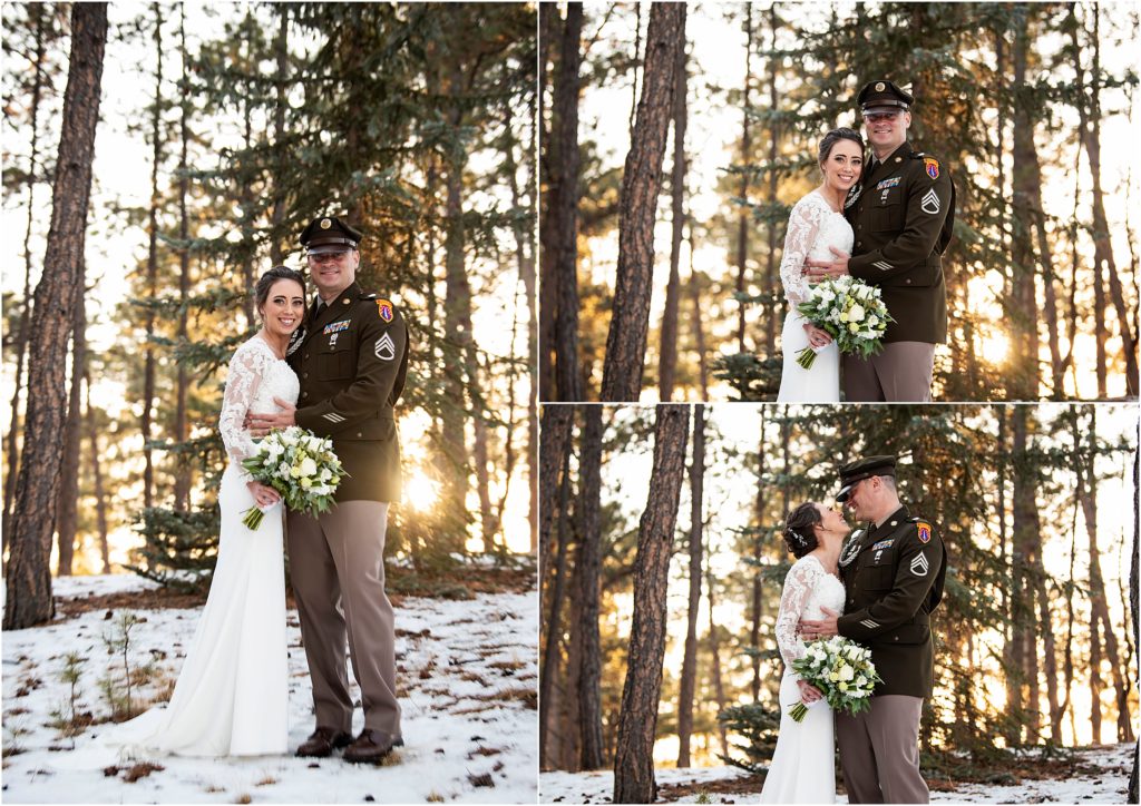 Bride and Military Groom take wedding photos in the snow in Black Forest in Januar