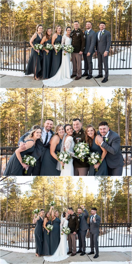 The bridal party wears dark gray at this winter wedding in Colorado
