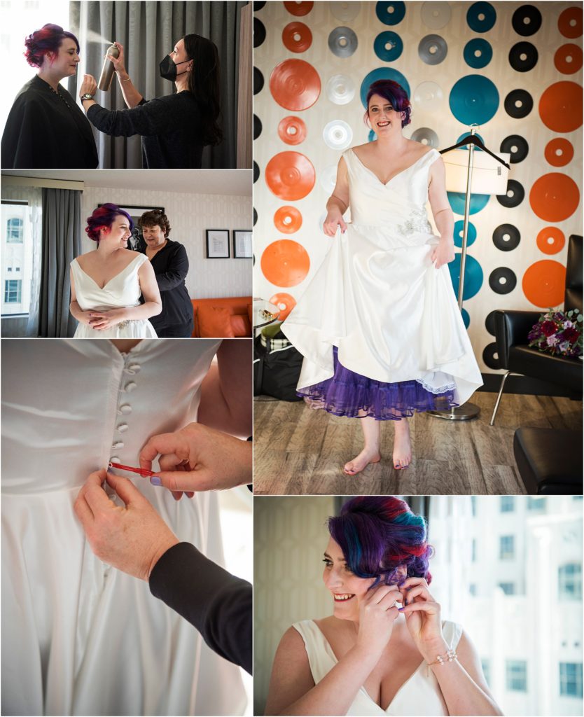 Bride embraces fifties style as she gets ready on her wedding day.