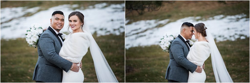 Bride and groom embrace during their wedding photos in winter