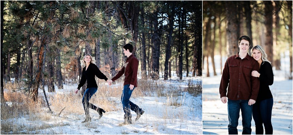 MacKenna walks with Ben through the snow during their engagement session in Fox Run Park, near colorado Springs.