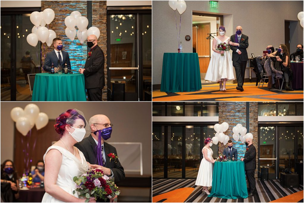 All guest and bride and groom wear face masks during this downtown wedding during covid