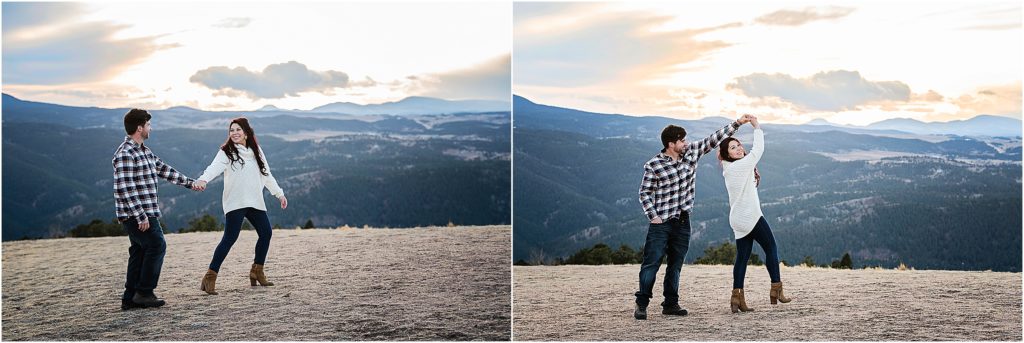 Wes and Ashlee dance on a mountaintop with a beautiful view of the sunset and the rocky mountains behind them.