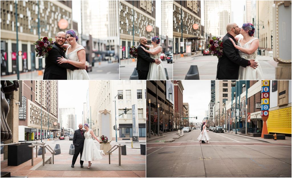 Couple takes photos in downtown Denver on their wedding day.