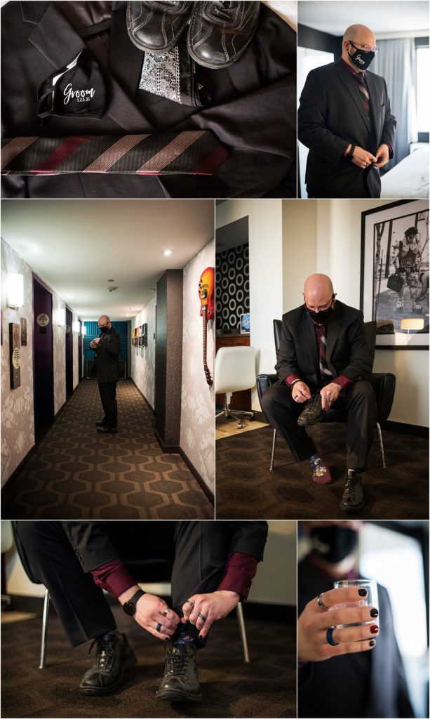 Edgy groom gets ready at The Curtis Hotel in Denver.