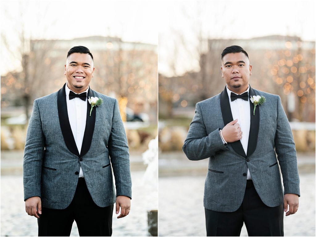 Groom wears grey and black tux jacket and black bowtie.