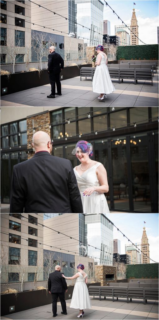 Bride and groom share a first look on a rooftop patio at The Curtis Hotel.