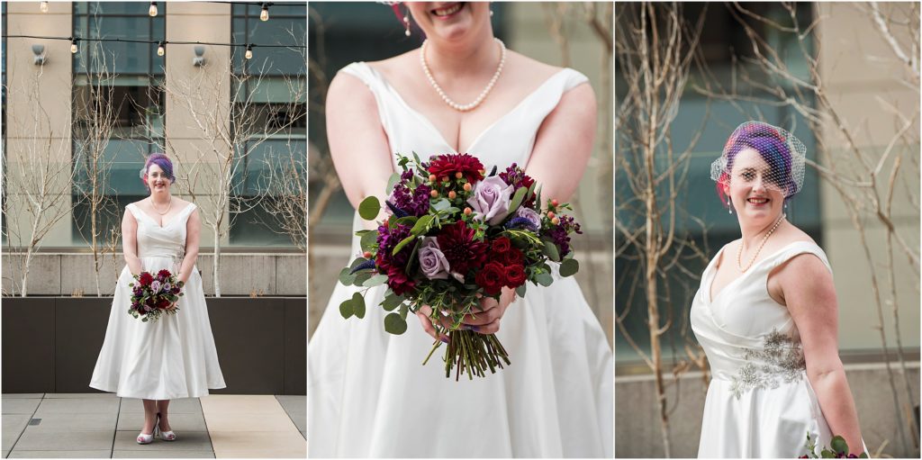 Denver Bride embraces bold colored hair and bouquet at her urban wedding.