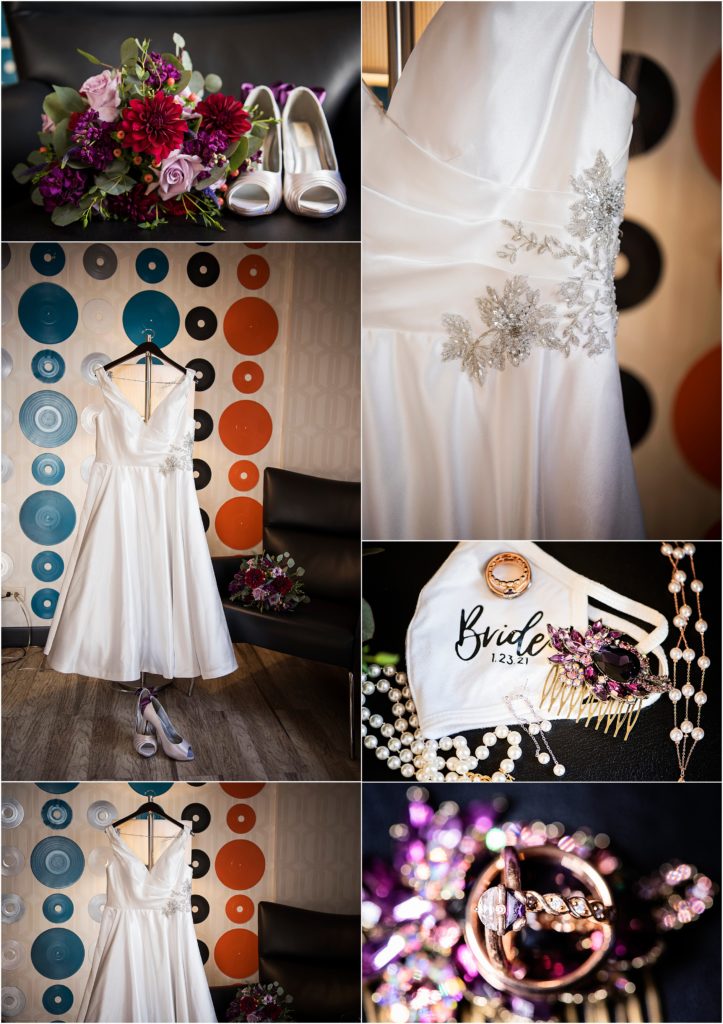 Bride details include brightly colored jewelry and a fifties theme wedding dress.