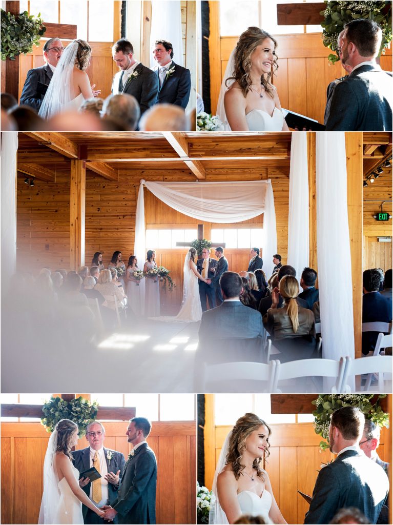 Andy and Alie and guests during their indoor ceremony at the barn at flying horse ranch