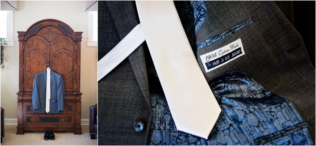 Grooms suit with a custom made tag on it.