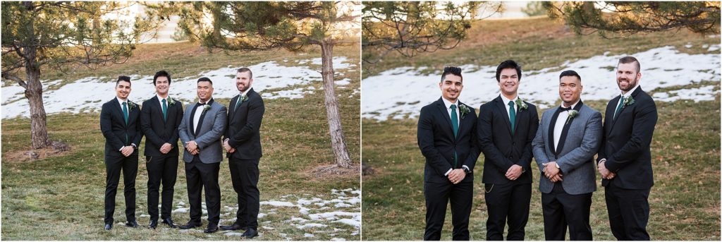 Groom with groomsmen with snow on the ground at winter wedding