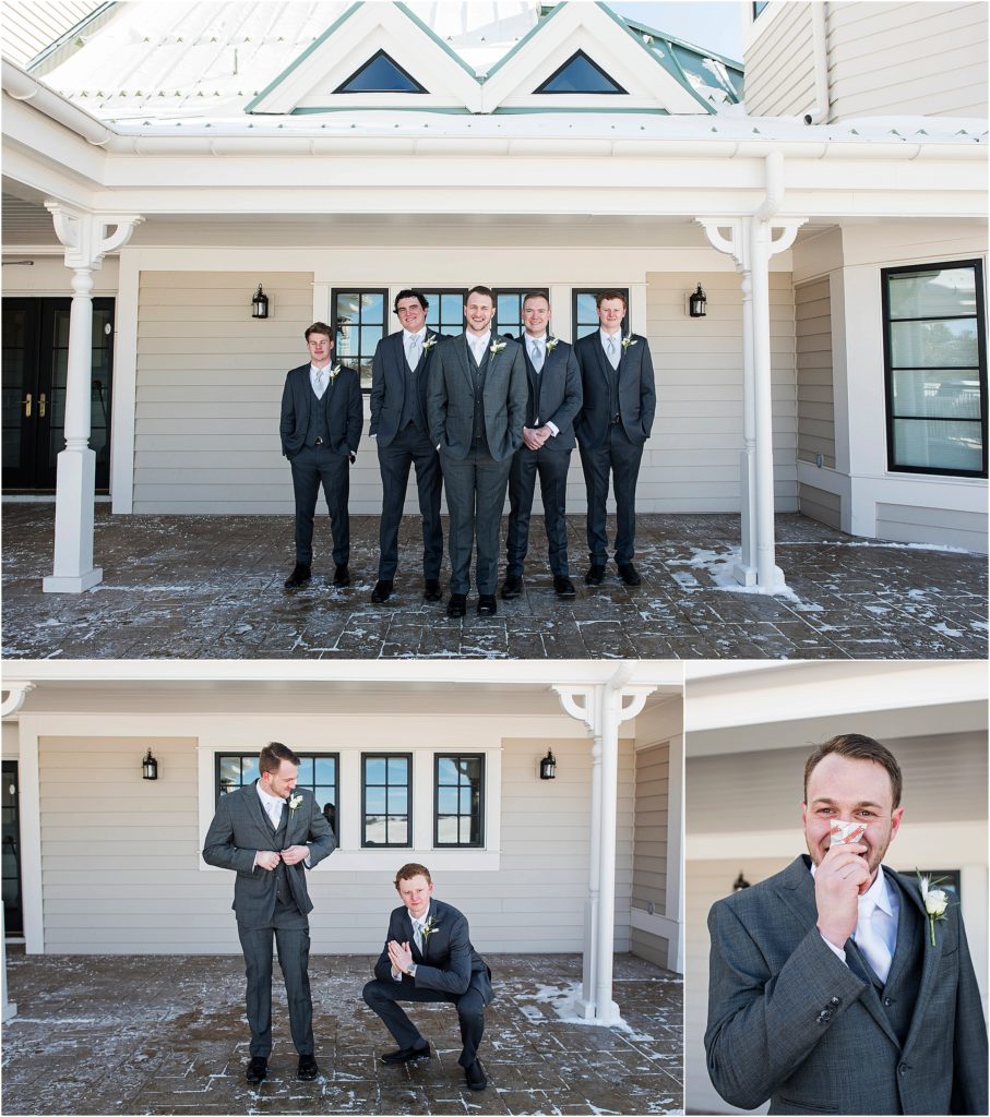 groom having fun with his groomsmen on a cold winter day.