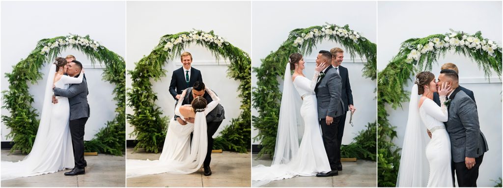 At the end of the wedding ceremony, bride and groom kiss and groom dips bride, she laughs and kisses him again.