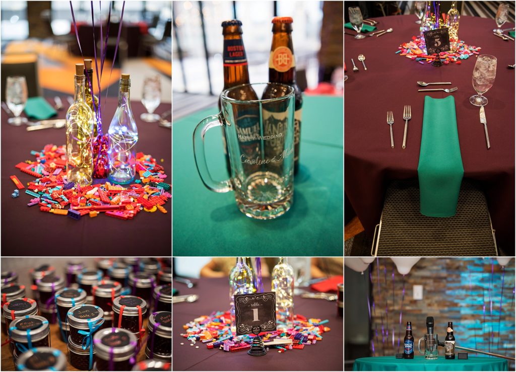 Bright and bold colors are used at this fun Denver wedding, also lights in bottles and legos are used as centerpieces at the wedding reception.