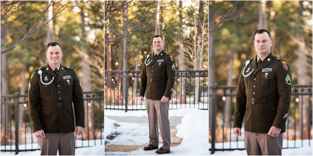 Groom wears Army Dress uniform at his wedding in winter in Black Forest