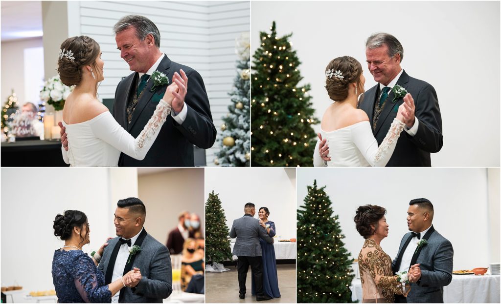 Bride and groom share dances with their parents at their wedding ceremony with Christmas trees all around.