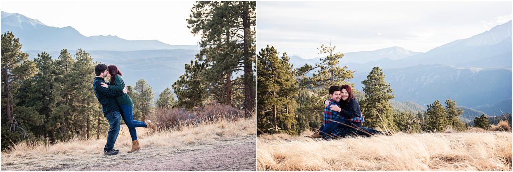 Couple embraces in the mountains as they kiss and stay warm during their winter mountain session