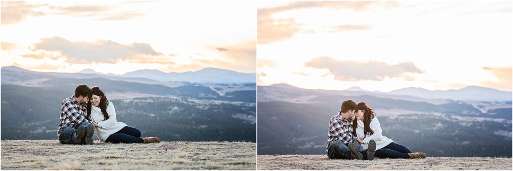 Couple sits together and snuggles during their romantic engagement photo shoot in the Rocky mountains near colorado Springs.