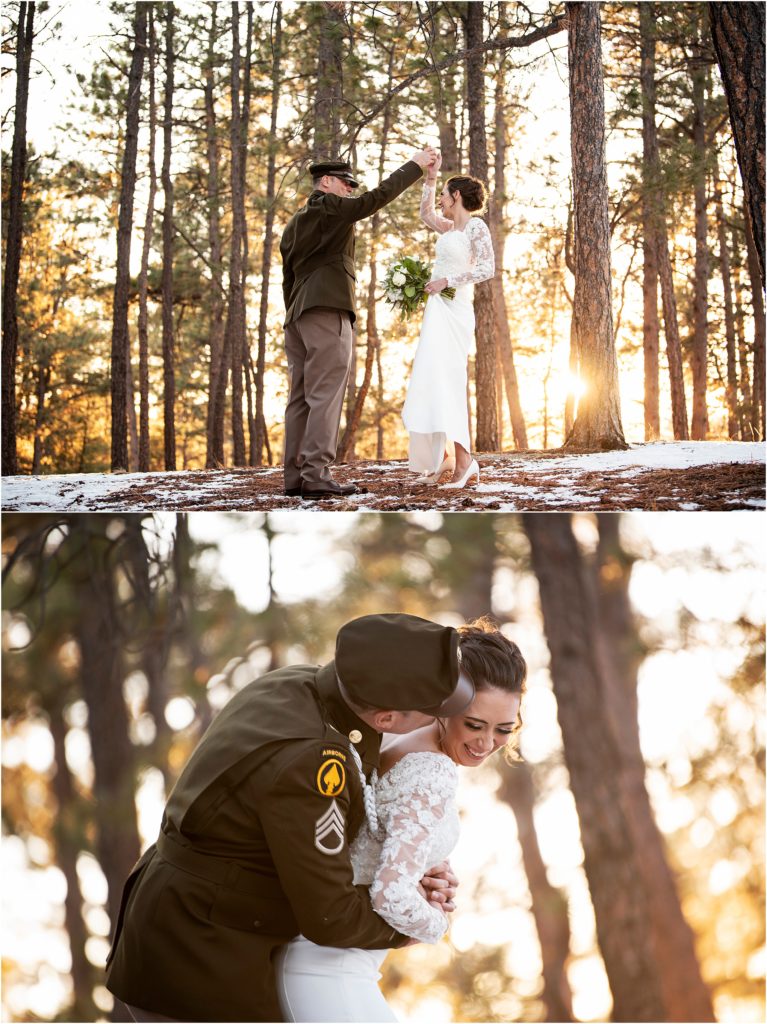 Romantic couple dance in the glowing sunlight filtered by tall pine trees in Colorado near Colorado Springs