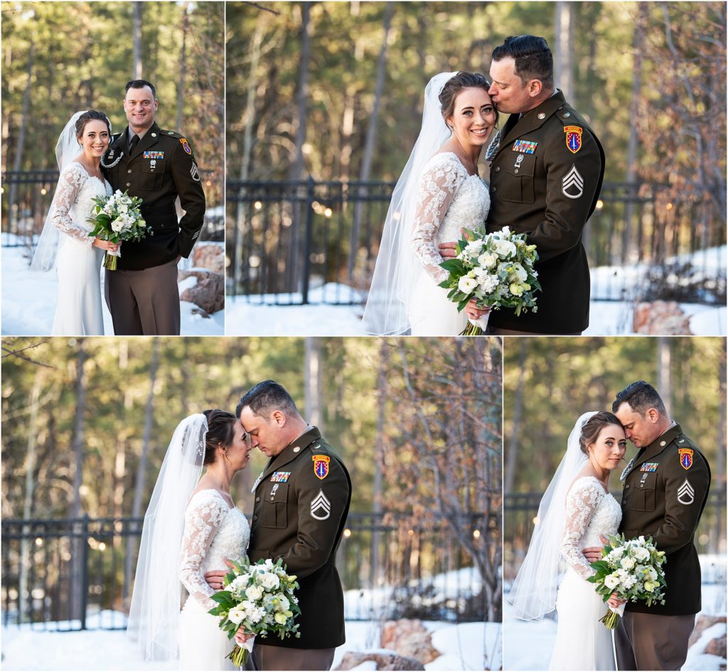 bride and groom embrace during their outdoor portraits at their winter wedding in Colorado
