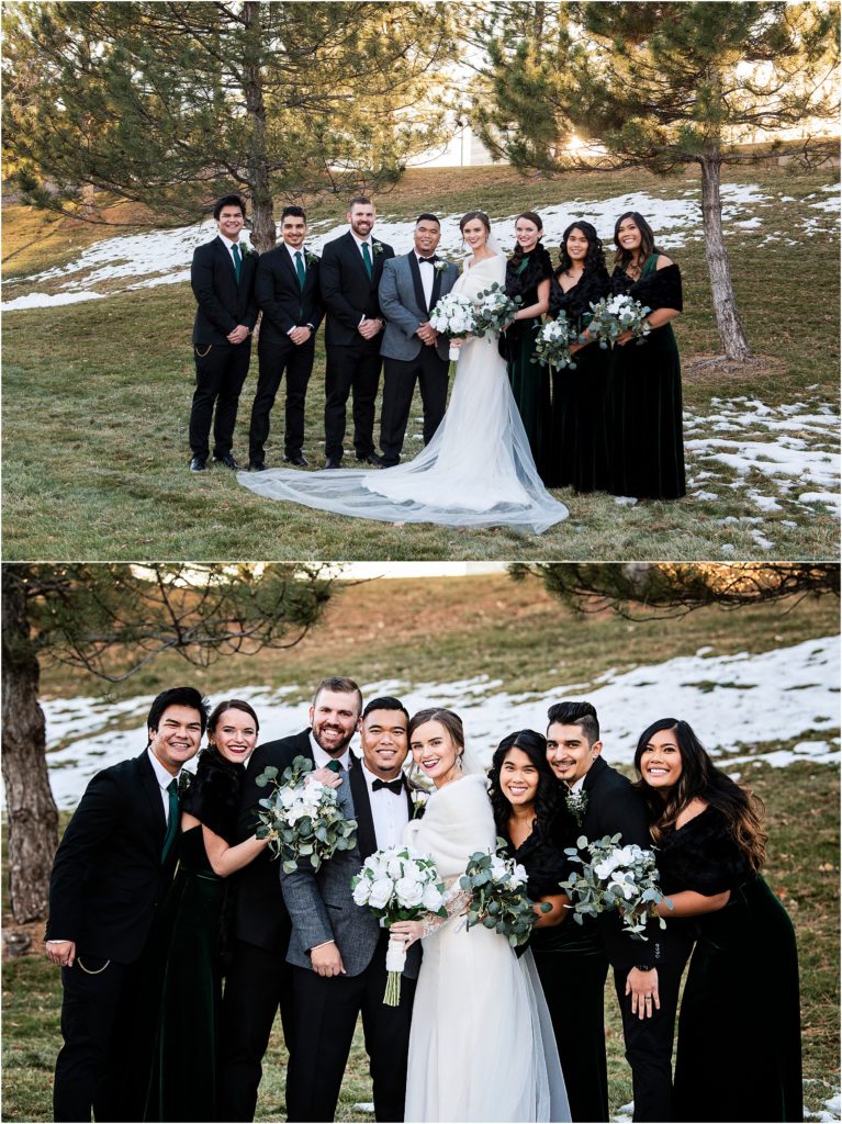 Bride and groom with their bridal party in w inter with snow around.