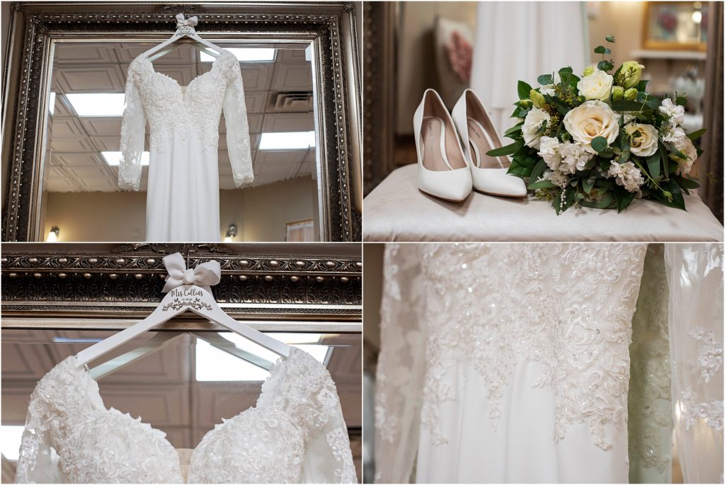 Bride wears a long sleeve lace dress at her winter wedding