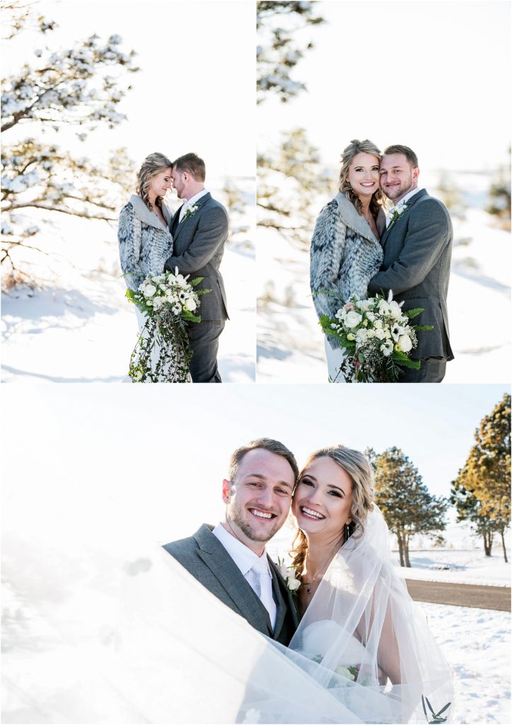 bride and groom embrace and share a moment during their winter colorado wedding